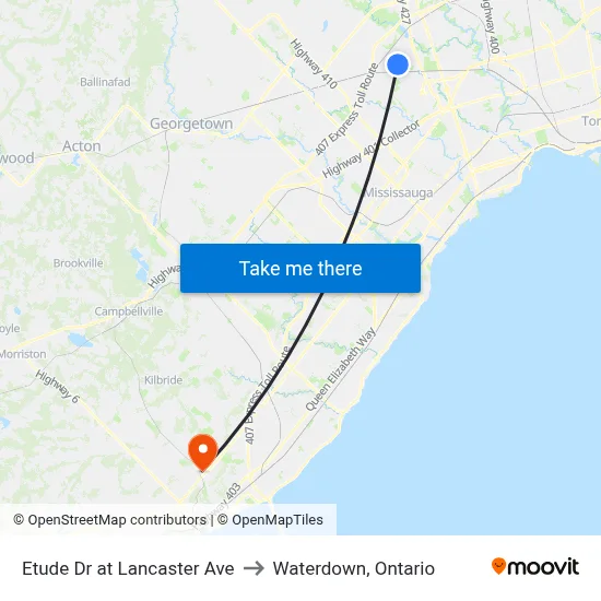 Etude Dr at Lancaster Ave to Waterdown, Ontario map