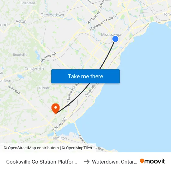 Cooksville Go Station Platform 4 to Waterdown, Ontario map