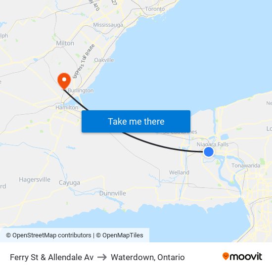 Ferry St & Allendale Av to Waterdown, Ontario map