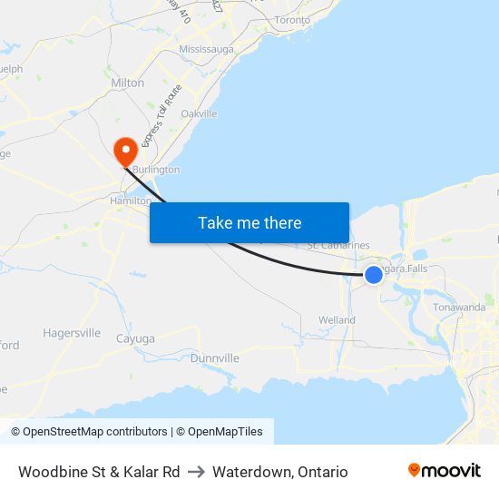 Woodbine St & Kalar Rd to Waterdown, Ontario map