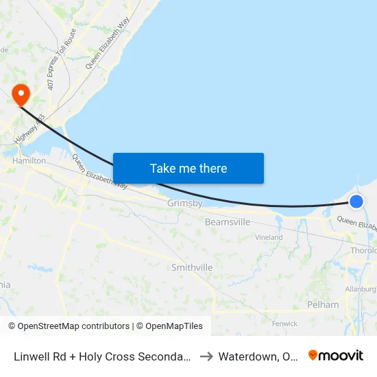 Linwell Rd + Holy Cross Secondary School to Waterdown, Ontario map