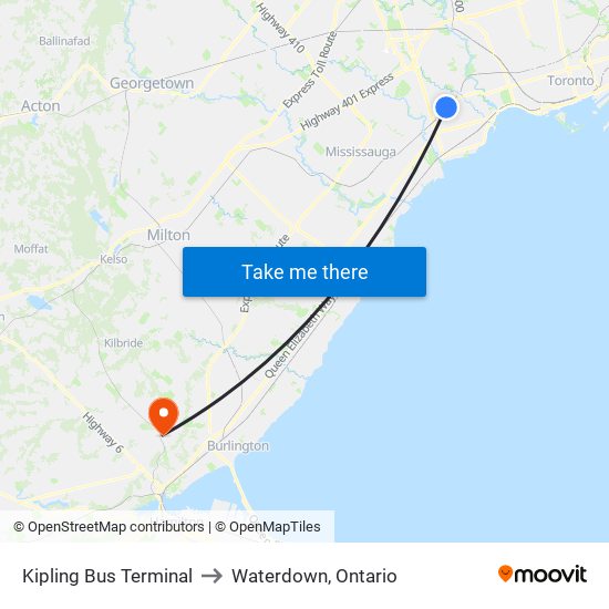 Kipling Bus Terminal to Waterdown, Ontario map