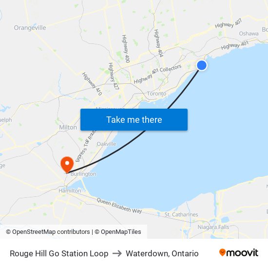 Rouge Hill Go Station Loop to Waterdown, Ontario map