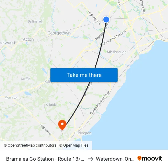 Bramalea Go Station - Route 13/16 Stop to Waterdown, Ontario map