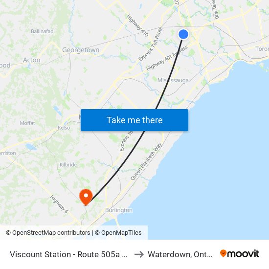 Viscount Station - Route 505a Stop to Waterdown, Ontario map