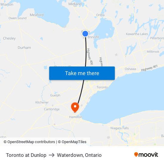 Toronto at Dunlop to Waterdown, Ontario map