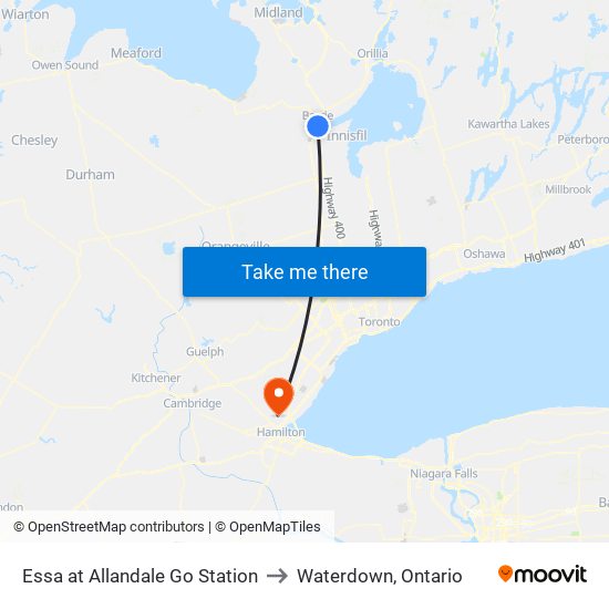 Essa at Allandale Go Station to Waterdown, Ontario map
