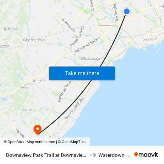 Downsview Park Trail at Downsview Park Station to Waterdown, Ontario map