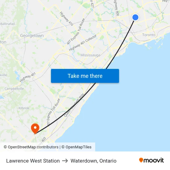 Lawrence West Station to Waterdown, Ontario map