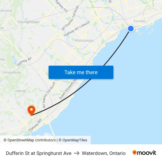 Dufferin St at Springhurst Ave to Waterdown, Ontario map