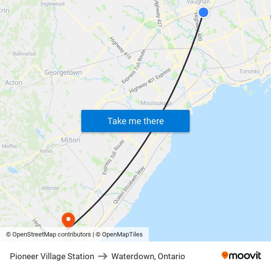 Pioneer Village Station to Waterdown, Ontario map