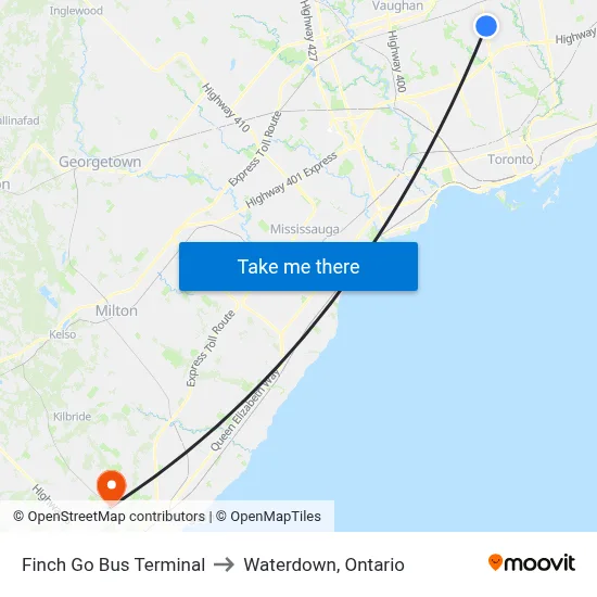 Finch Go Bus Terminal to Waterdown, Ontario map