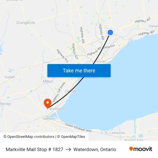 Markville Mall Stop # 1827 to Waterdown, Ontario map