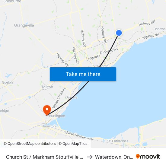 Church St / Markham Stouffville Hospital to Waterdown, Ontario map