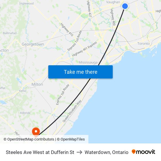 Steeles Ave West at Dufferin St to Waterdown, Ontario map