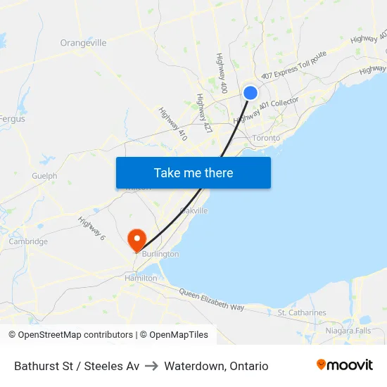 Bathurst St / Steeles Av to Waterdown, Ontario map
