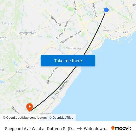 Sheppard Ave West at Dufferin St (Downsview Station) to Waterdown, Ontario map