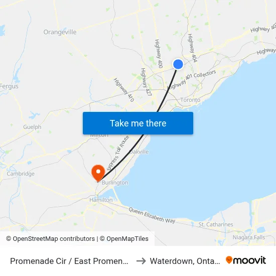 Promenade Cir / East Promenade to Waterdown, Ontario map