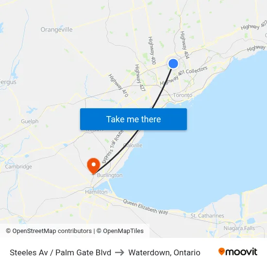 Steeles Av / Palm Gate Blvd to Waterdown, Ontario map