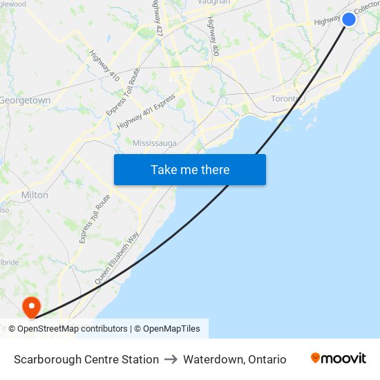 Scarborough Centre Station to Waterdown, Ontario map