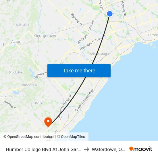 Humber College Blvd At John Garland Blvd to Waterdown, Ontario map