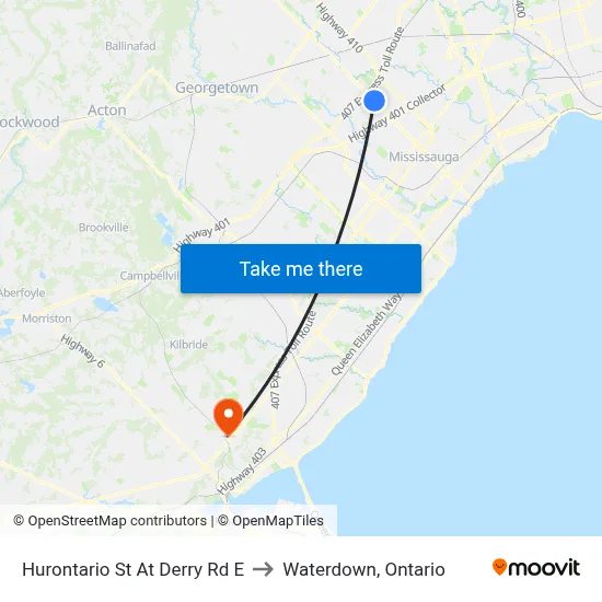 Hurontario St At Derry Rd E to Waterdown, Ontario map