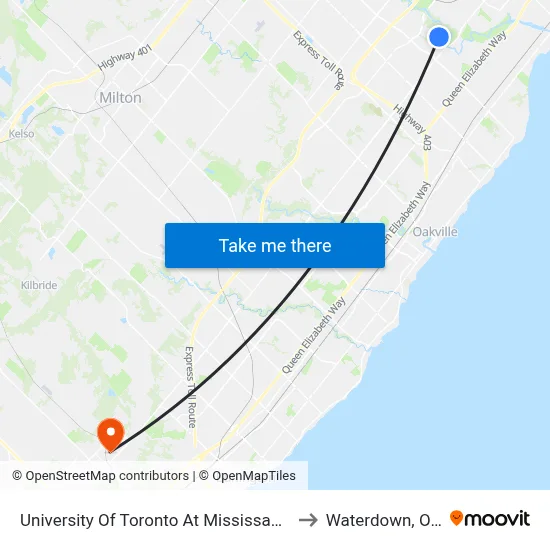 University Of Toronto At Mississauga Campus to Waterdown, Ontario map