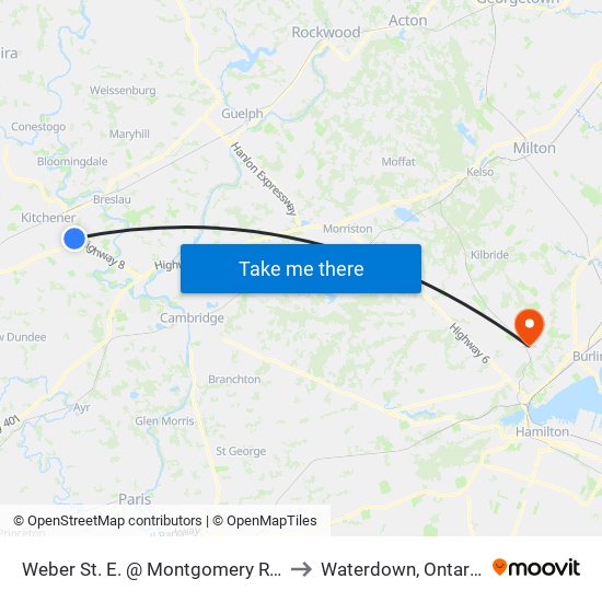 Weber St. E. @ Montgomery Rd. to Waterdown, Ontario map