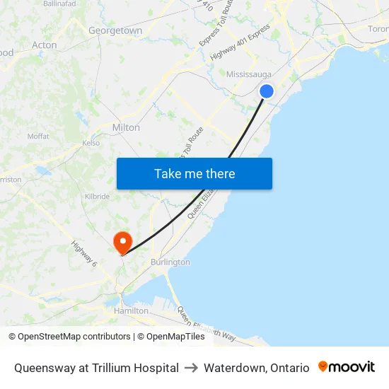 Queensway at Trillium Hospital to Waterdown, Ontario map