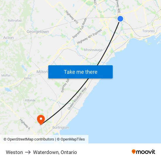 Weston to Waterdown, Ontario map