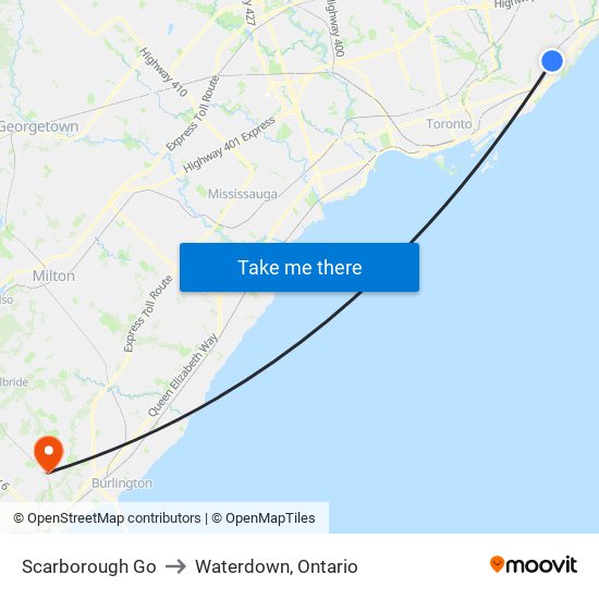 Scarborough Go to Waterdown, Ontario map