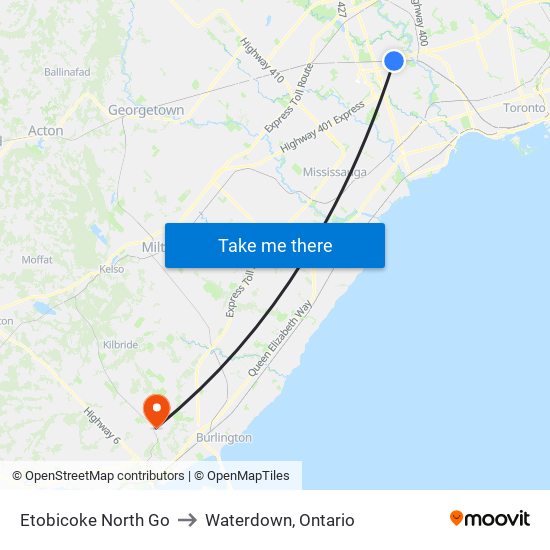 Etobicoke North Go to Waterdown, Ontario map