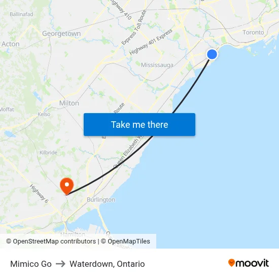 Mimico Go to Waterdown, Ontario map
