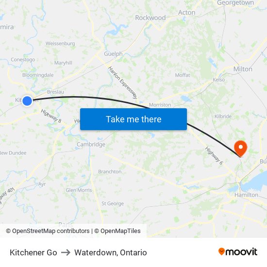 Kitchener Go to Waterdown, Ontario map