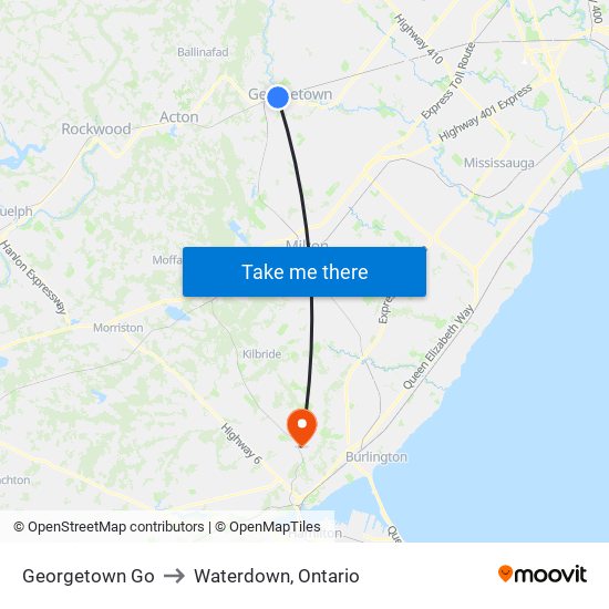 Georgetown Go to Waterdown, Ontario map