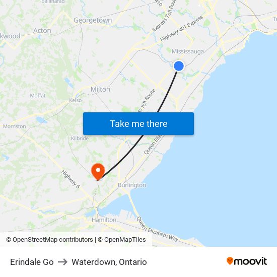 Erindale Go to Waterdown, Ontario map