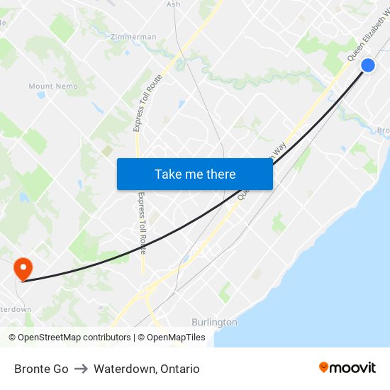 Bronte Go to Waterdown, Ontario map