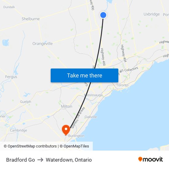 Bradford Go to Waterdown, Ontario map