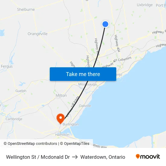 Wellington St / Mcdonald Dr to Waterdown, Ontario map