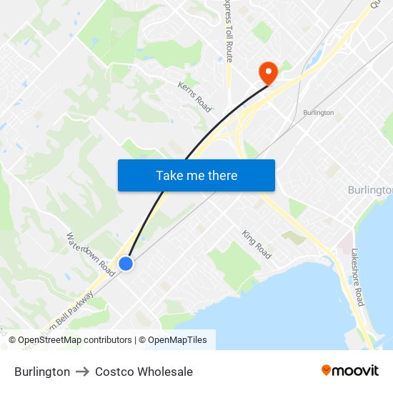 Burlington to Costco Wholesale map
