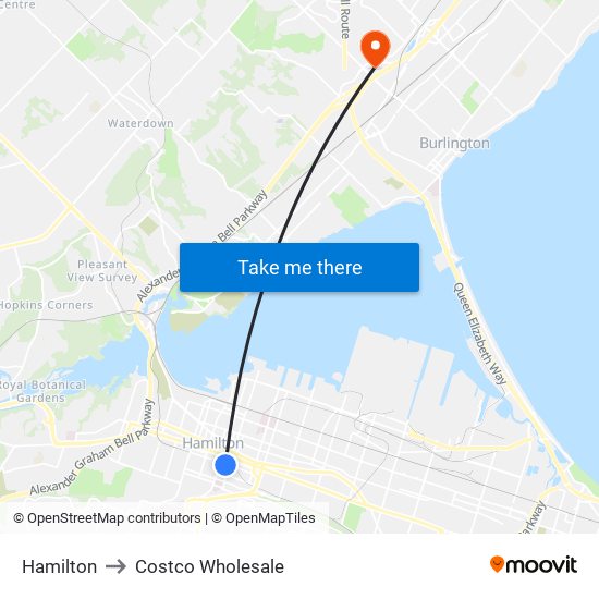 Hamilton to Costco Wholesale map