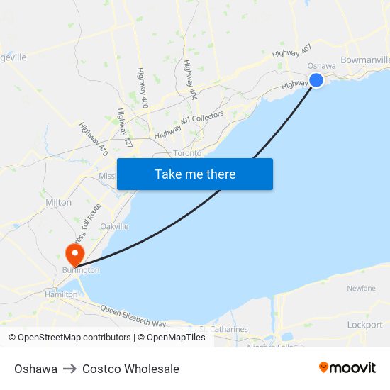 Oshawa to Costco Wholesale map