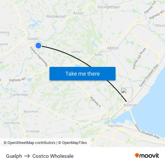 Guelph to Costco Wholesale map