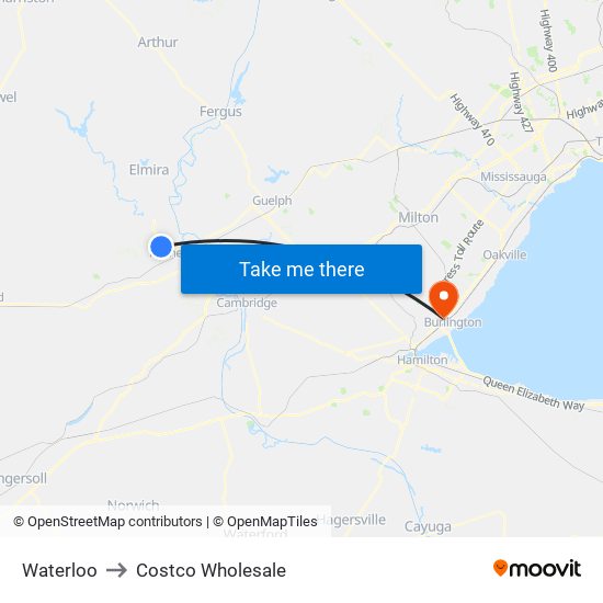 Waterloo to Costco Wholesale map
