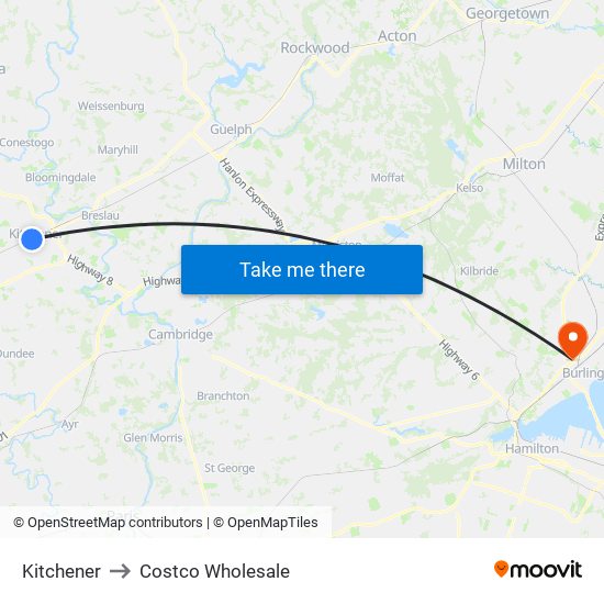 Kitchener to Costco Wholesale map