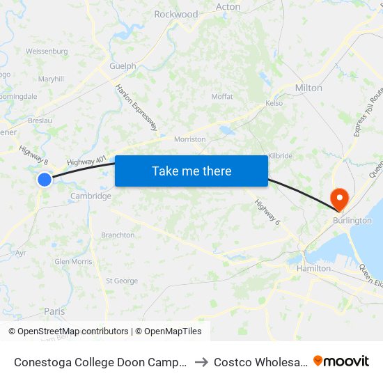 Conestoga College Doon Campus to Costco Wholesale map