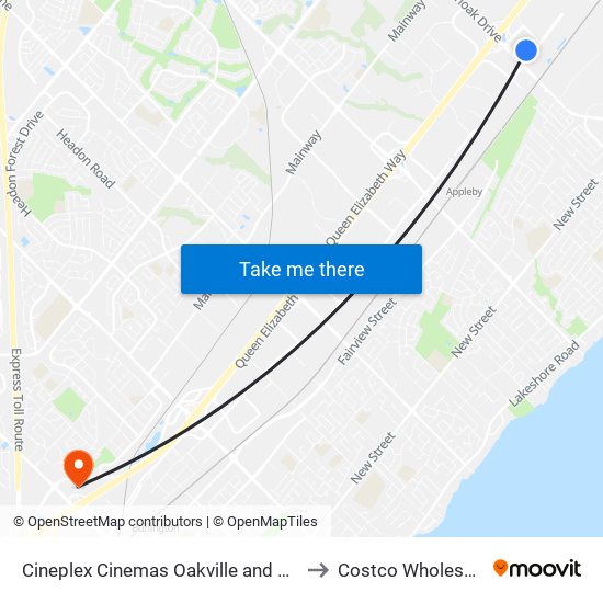 Cineplex Cinemas Oakville and VIP to Costco Wholesale map