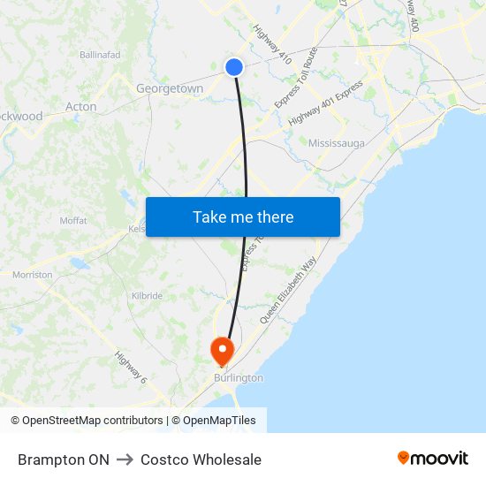 Brampton ON to Costco Wholesale map