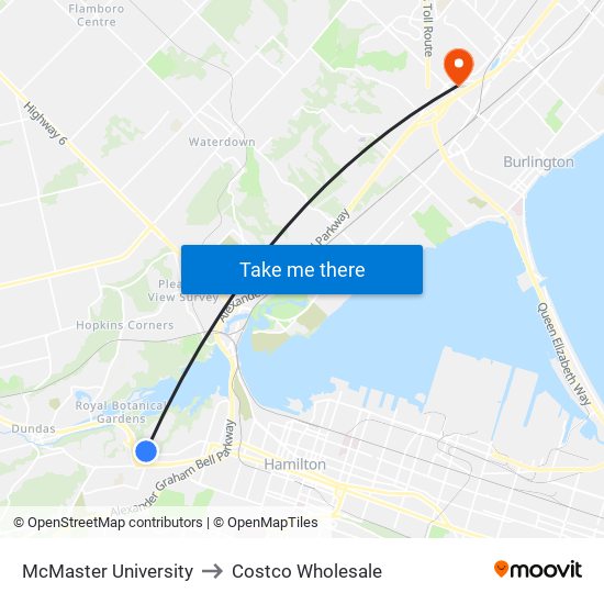 McMaster University to Costco Wholesale map