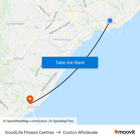 GoodLife Fitness Centres to Costco Wholesale map